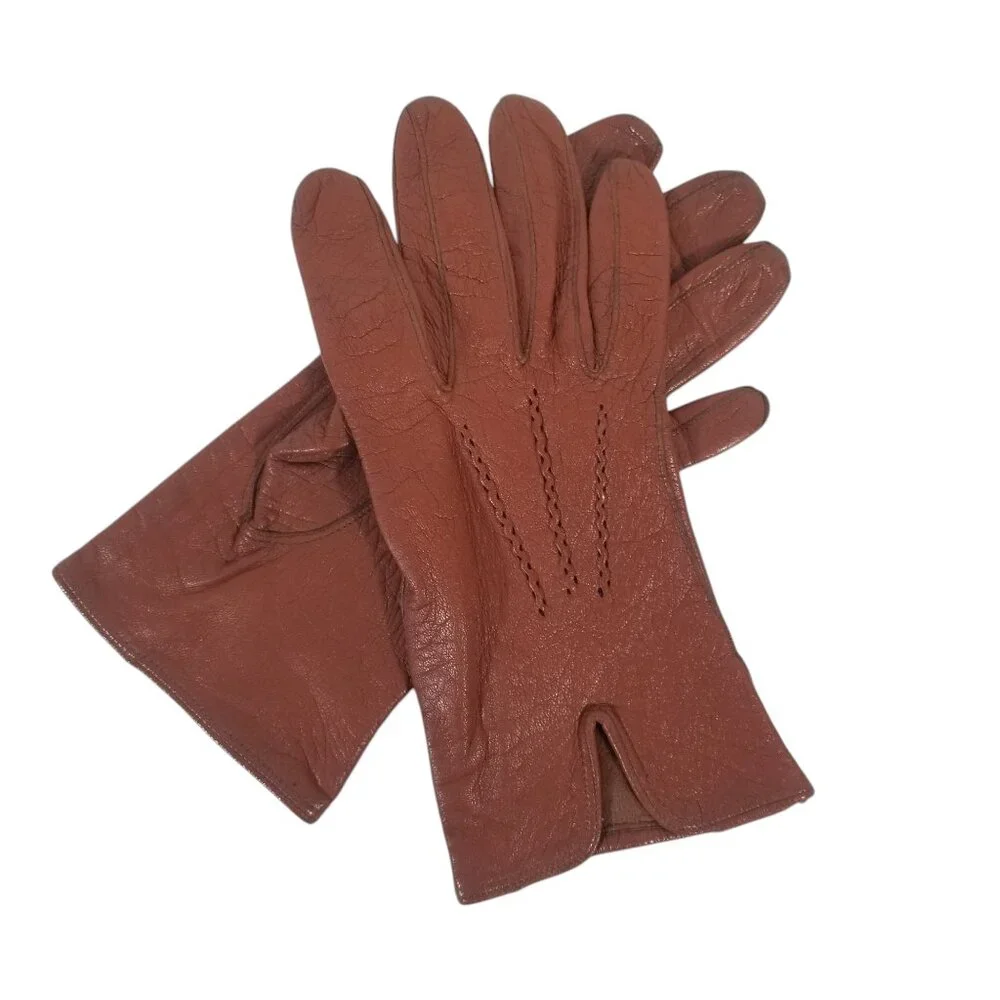 Vintage Leather Driving Gloves Soft Amber Kid Wrist Length Size 7